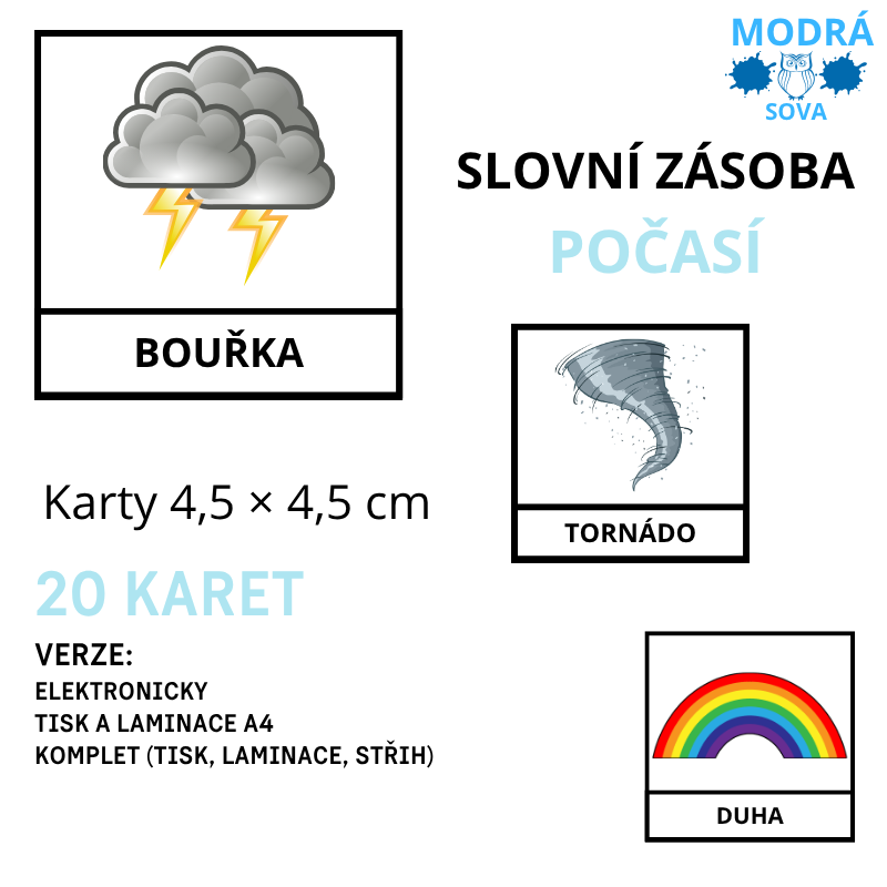 Základní slovní zásoba POČASÍ (20 kartiček), kartičky 4,5 x 4,5 cm