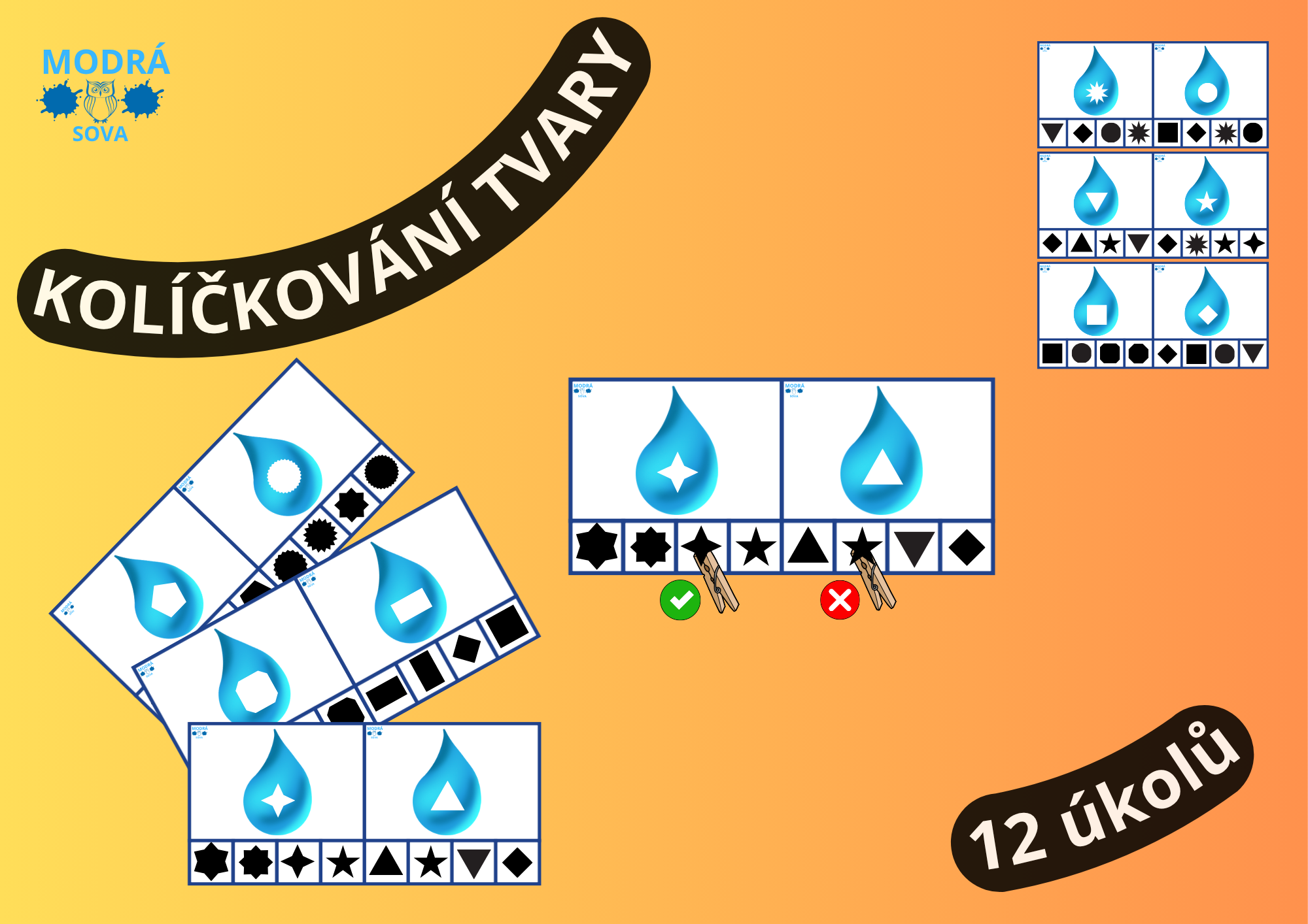 Aktivita pro nejmenší - Kolíčkování tvary (12 úkolů)